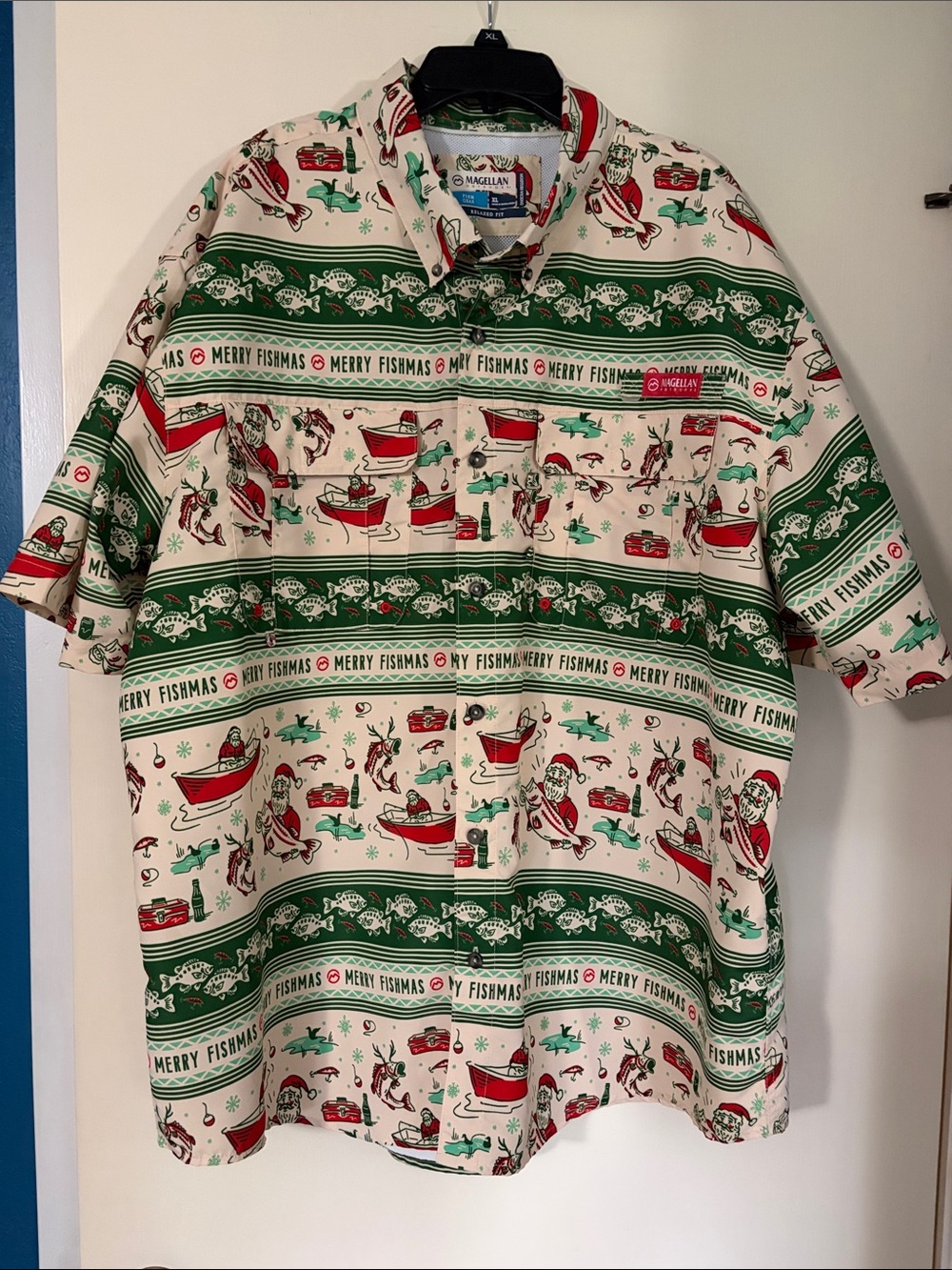 Magellan Outdoors Cream Button-Up Holiday Fishmas Shirt with Green and Red Print